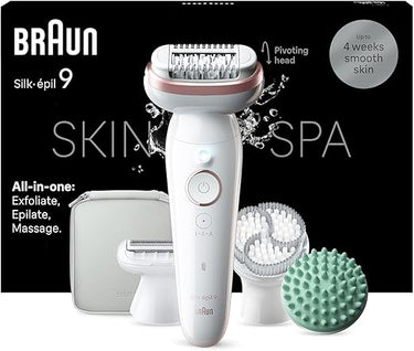 Braun Silk-épil 9 SkinSpa - Set todo en uno, depiladora para mujer, depiladora de larga duración, cabezal de afeitado, cabezal de masaje, color blanco y rosa
